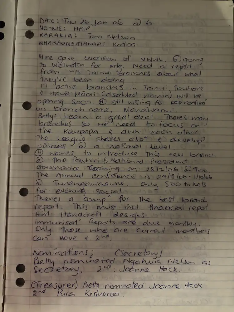 Handwritten minutes of a meeting on Thursday 26 January 2006, covering an overview of the League and the nominations for secretary and treasurer.