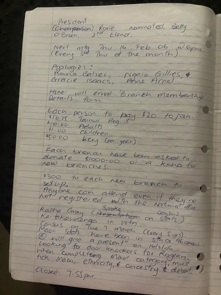 Second page of handwritten minutes: Betty O'Brien nominated as president, the next meeting set for Thursday 16 February 2006, apologies and membership fees, closed at 7.55pm.