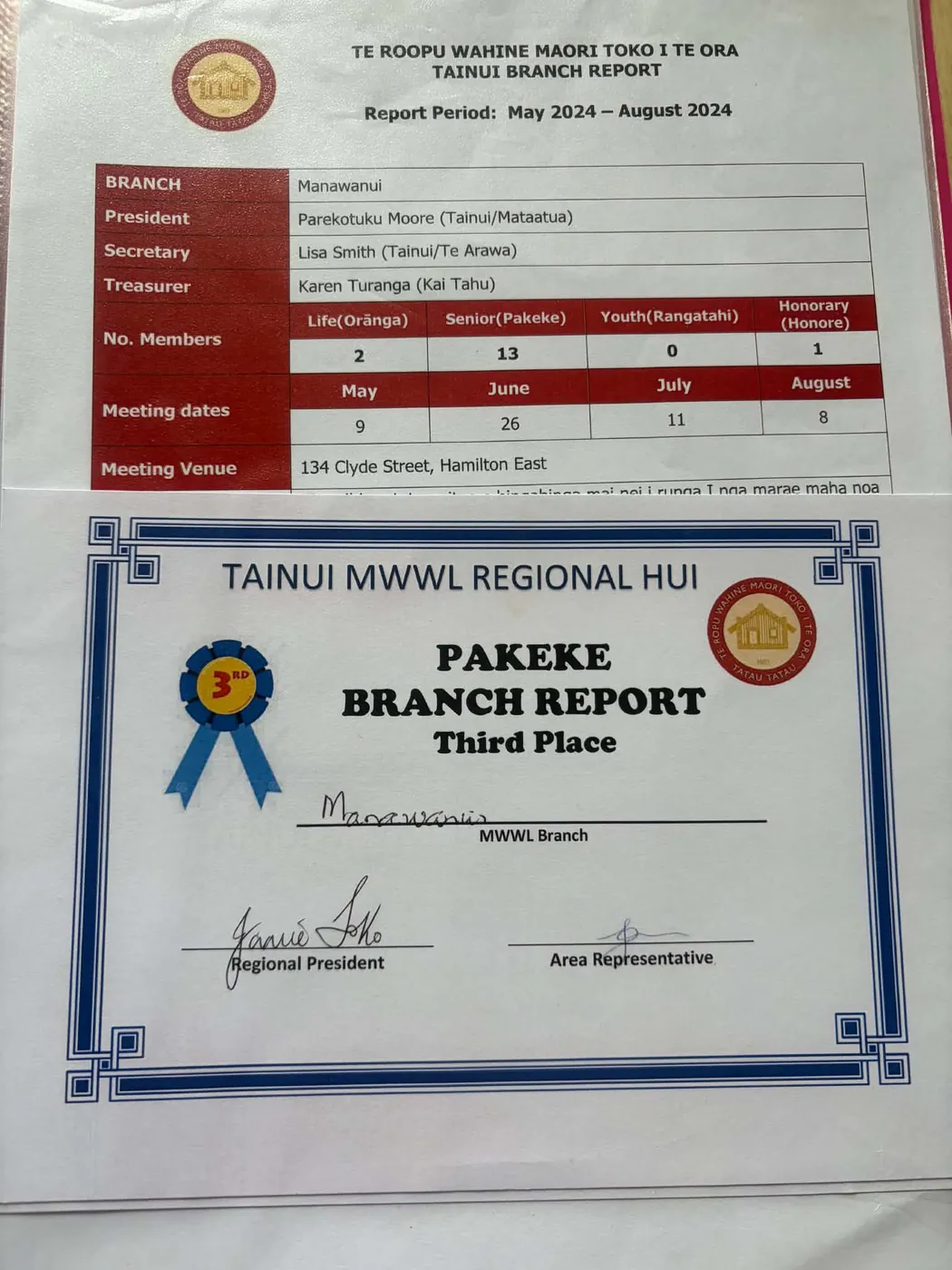 Branch report summary table above a certificate: Tainui MWWL Regional Hui, Pakeke Branch Report, Third Place.