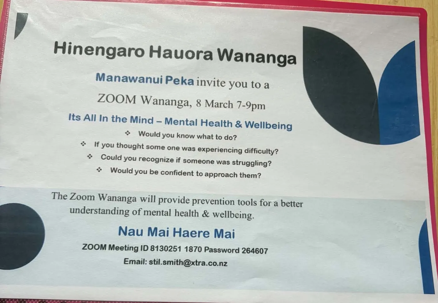 Invitation to an online Hinengaro Hauora waananga on mental health and wellbeing, on Zoom, 8 March, 7 to 9pm.