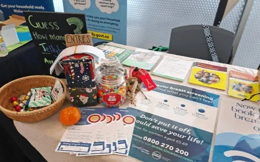 Stall table with a basket of sweets, a guessing jar and breast screening leaflets.